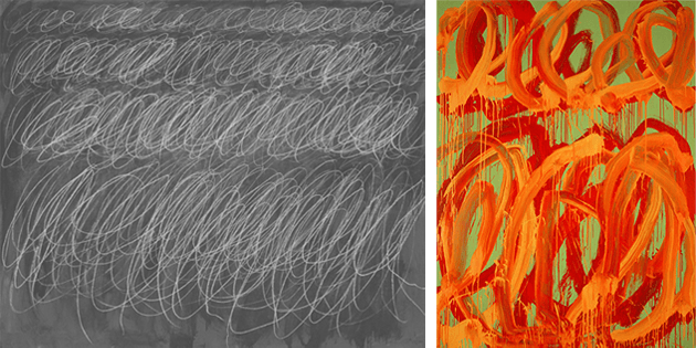 [left] Cy Twombly, Untitled, 1970. Private Collection. Artwork: © Cy Twombly Foundation [right] Cy Twombly, Camino Real (IV), 2010. The Broad, Los Angeles. Artwork: © Cy Twombly Foundation